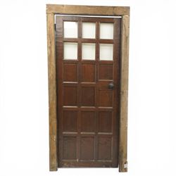 Mouseman - 1940s glazed, panelled and adzed vestibule door with castellated frame, with carved mouse signature, by Robert Thompson of Kilburn