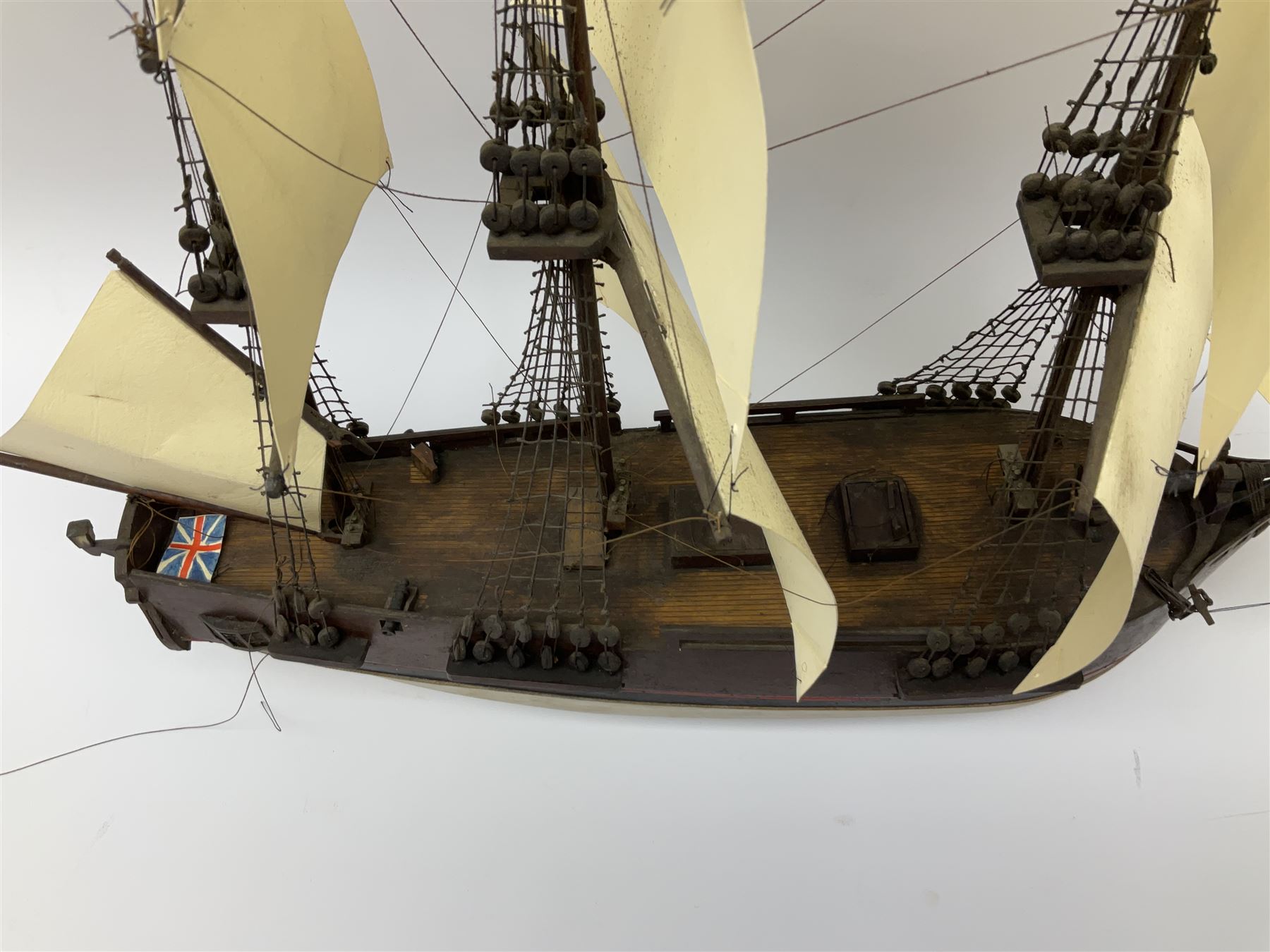 Late 19th, early 20th century, scratch built model of a three masted sailing ship with rigging, H50cm 