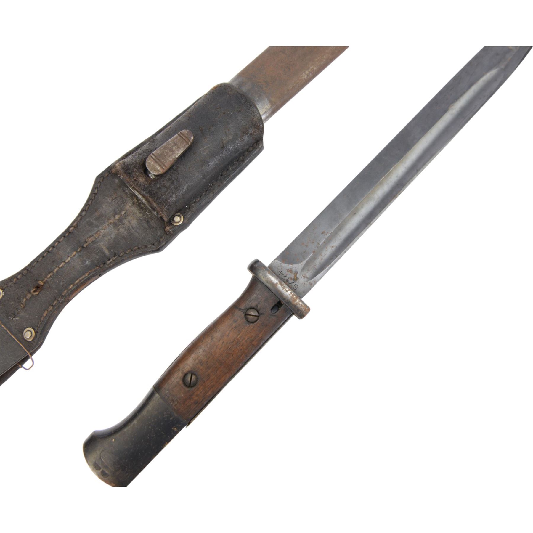WWII German bayonet marked S/174, in scabbard, with leather frog, the frog marked H. Glemen Elberfeld 1938, together with another German bayonet and frog  