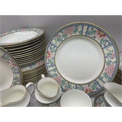Royal Grafton tea and dinner wares decorated in the 'Sumatra' pattern, comprising twelve dinner plates, twelve lipped bowls, twelve smaller bowls, six teacups, six saucers and six plates, six coffee cups, six saucers and six plates, two milk jugs, two sucriers, sauce boat and saucer 