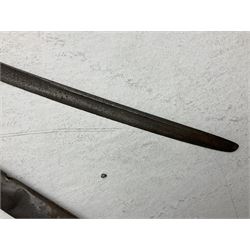 19th century Imperial German army heavy cavalry officers sword by Schnitzler and Kirschbaum, with 89cm single fullered steel blade and sheet steel basket hilt with teardrop cut-out and wire-bound leather grip L107.5cm overall; in steel scabbard with two suspension rings; and British Army 1822 Pattern Infantry Officer's sword in associated scabbard (2)