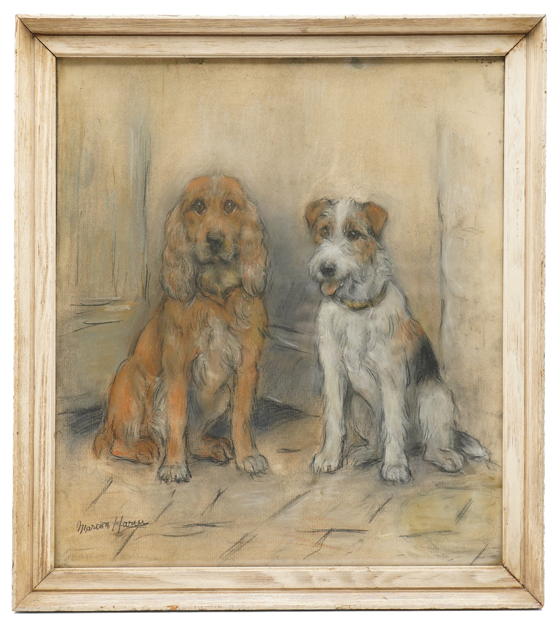 Marion Rodger Hamilton Harvey (Scottish 1886-1971): 'Spaniel and Fox Terrier', pastel and charcoal signed, titled on label verso 43cm x 38cm