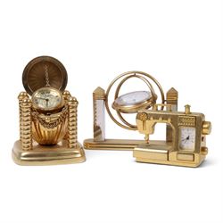 Large collection of miniature novelty clocks, including examples modelled as ships, a lamp, handbag, sewing machine, lamp etc 