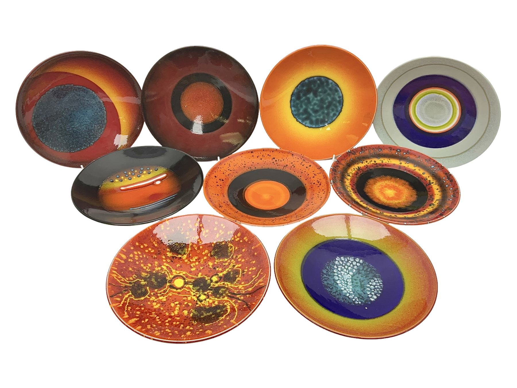 Poole Pottery The Planets, set of nine chargers 'The Planets, by Alan Clarke, comprising Mars, Mercury, Neptune, Venus, Uranus, Pluto, Jupiter, Saturn and Earth, all with original boxes and certificate, D27cm 