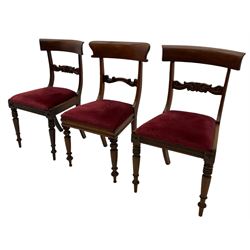 Seven early 19th century mahogany dining chairs - set six side chairs with scroll carved middle rails (W46cm), and a carver elbow chair with rope twist middle rail