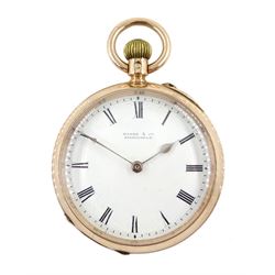 Edwardian 9ct rose gold open face, ladies keyless lever pocket watch by Marsh & Co, Birmingham, no. 1451, white enamel dial with Roman numerals, back case engraved with initials, case makers mark W.S, Chester 1902