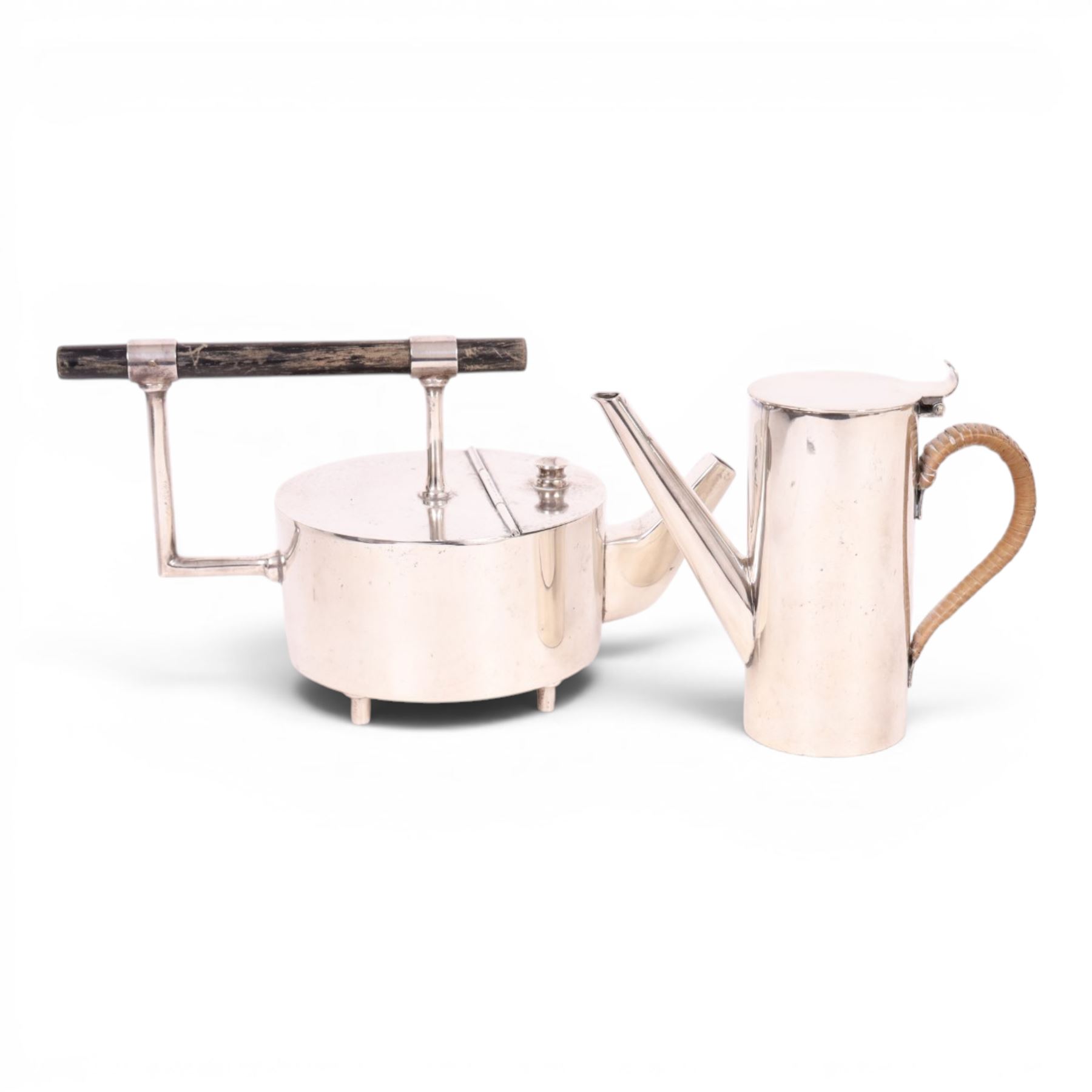 Manner of Christopher Dresser (1834-1904) - James Dixon and Sons teapot together with Hukin & Heath Christopher Dresser design coffee pot, of tapering cylindrical form with a strapwork handle, teapot H13cm 