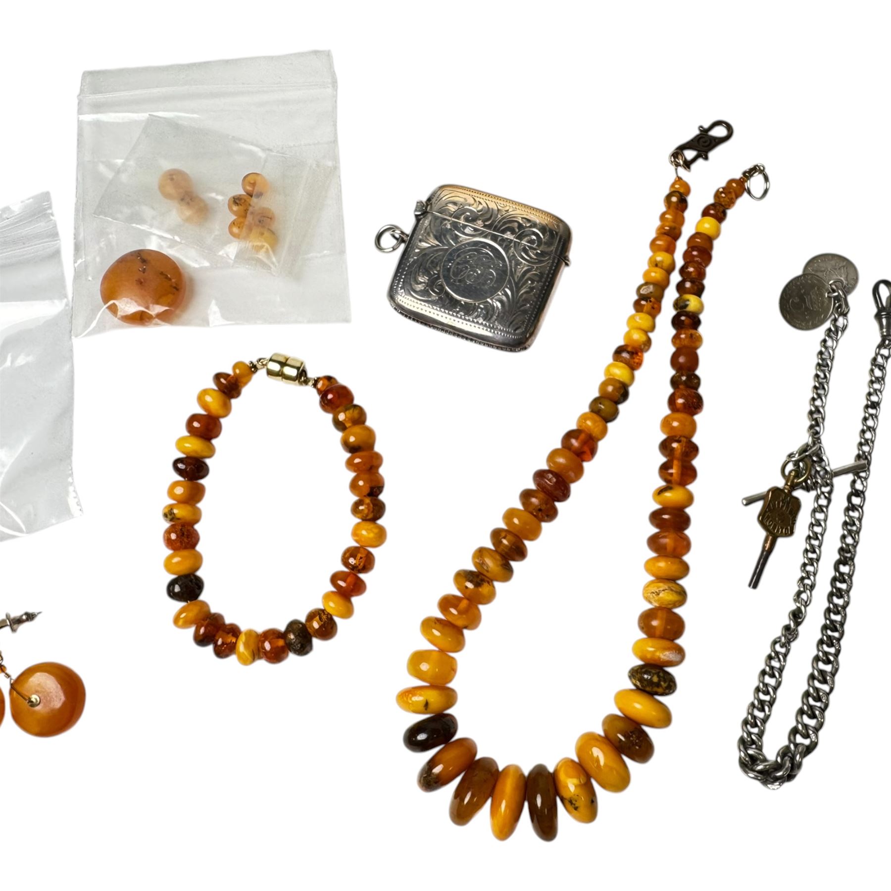 Amber type beads and earrings, silver Albert chain, silver vesta case  and a 9ct gold cameo brooch