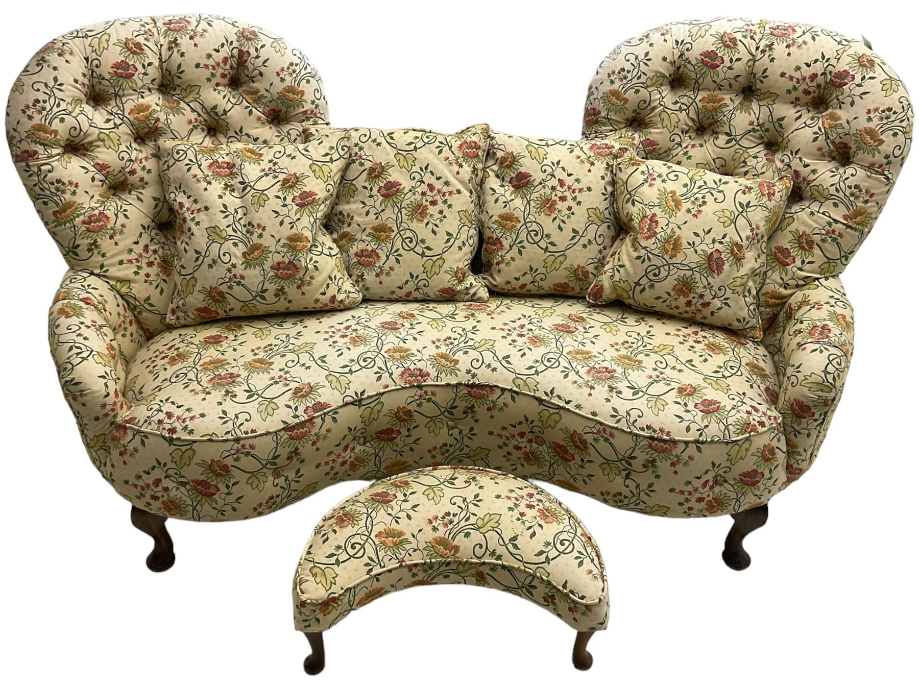 Victorian design hardwood-framed double back settee, upholstered in buttoned floral pattern fabric, curved back over serpentine seat, on cabriole feet, with matching scatter cushions (W182cm, H94cm, D86cm); together with crescent-shaped footstool with cabriole feet (W55cm)