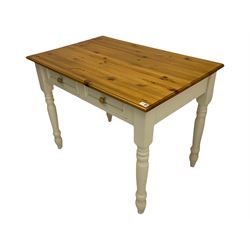 Hall or side table, polished rectangular top over painted base fitted with two drawers, turned supports