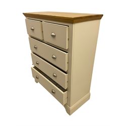 White finish and oak chest, fitted with two short and three long drawers