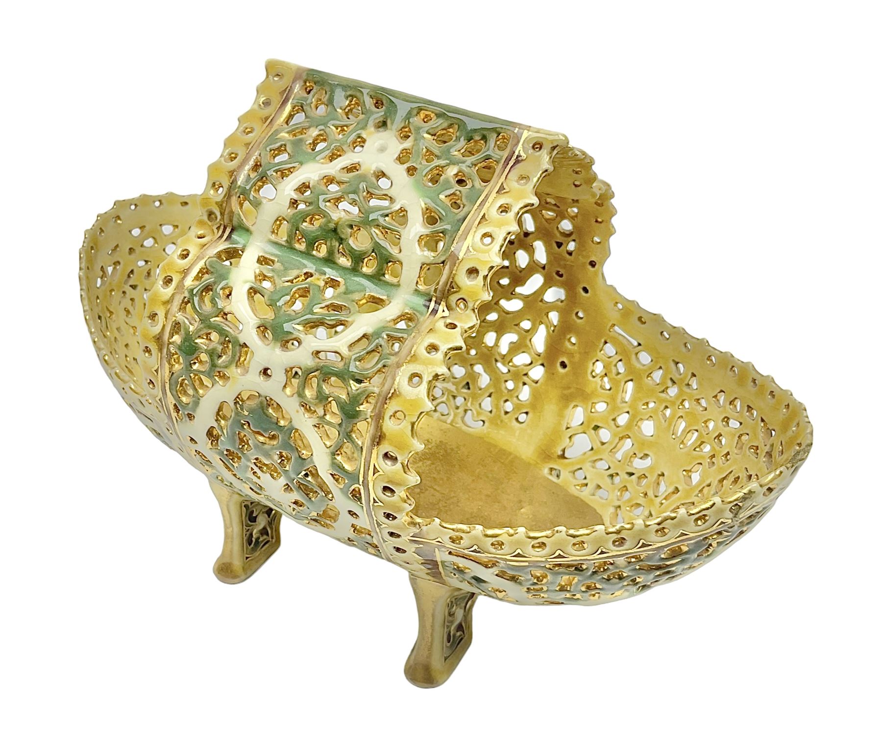 Hungarian Zsolnay Pecs gilt and green reticulated basket, upon four feet, with gold mark beneath, H14cm L21cm