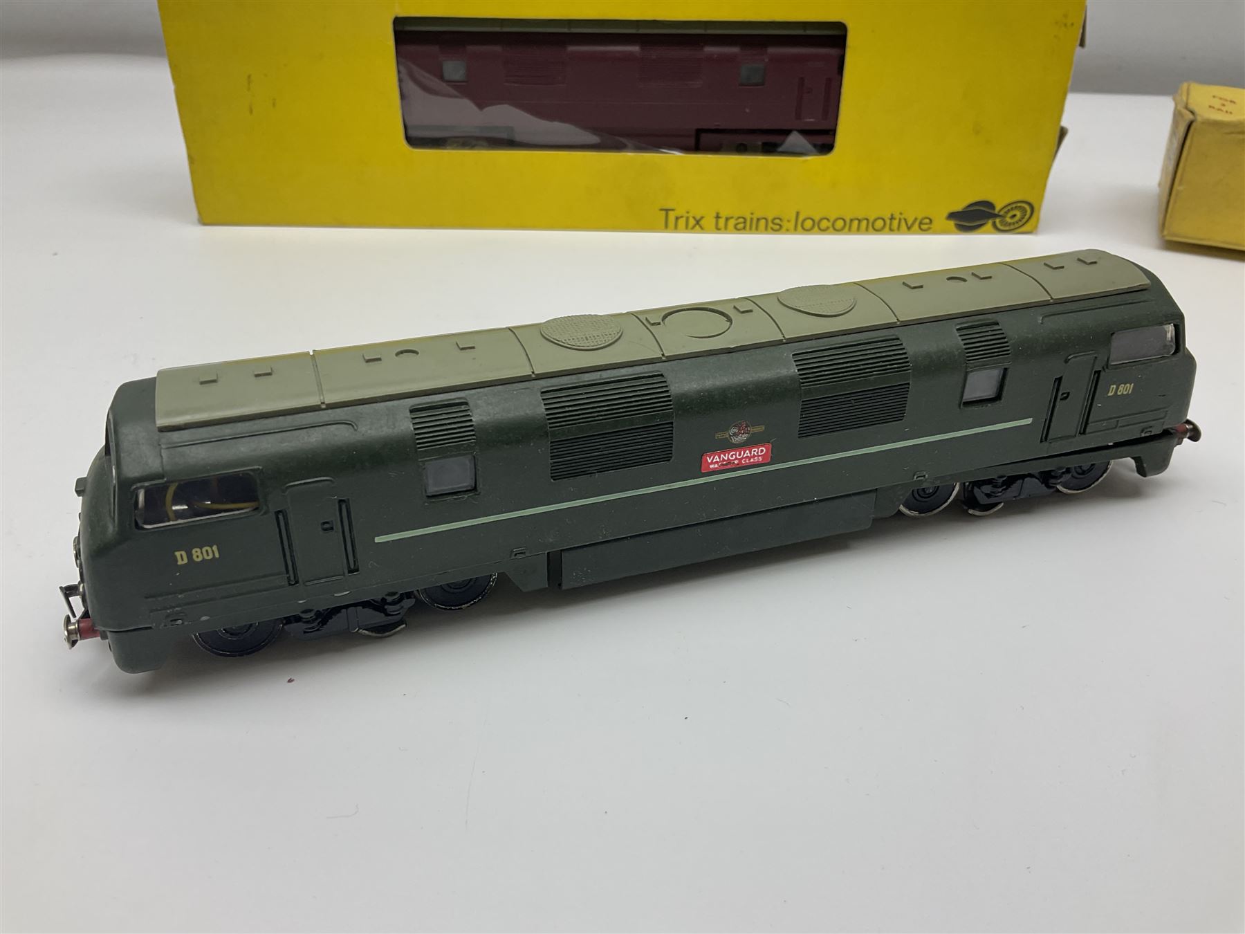 Trix Twin Railways - Warship Type 4 Diesel Hydraulic B-B locomotive 'Vanguard' No.D801; another similar incomplete locomotive; both boxed; and an LMS 4-wheel tender (3)