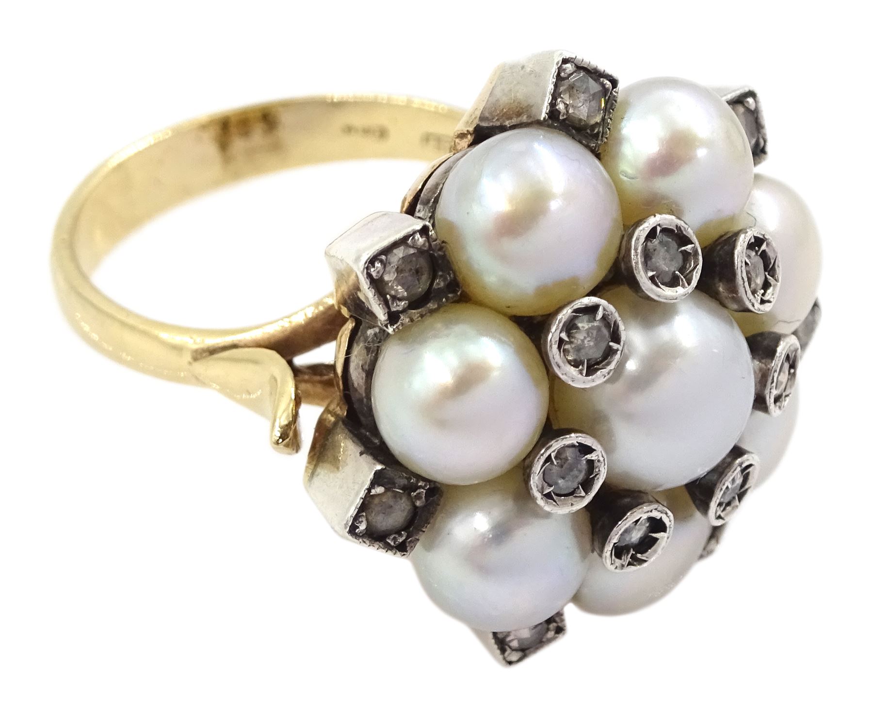 Gold and silver cultured white pearl and rose cut diamond flower head cluster ring, stamped 585