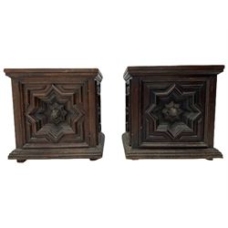 Pair late 20th century pine and hardwood cabinets, enclosed by single doors, each side decorated with deep geometric star mouldings and fitted with cast metal handles