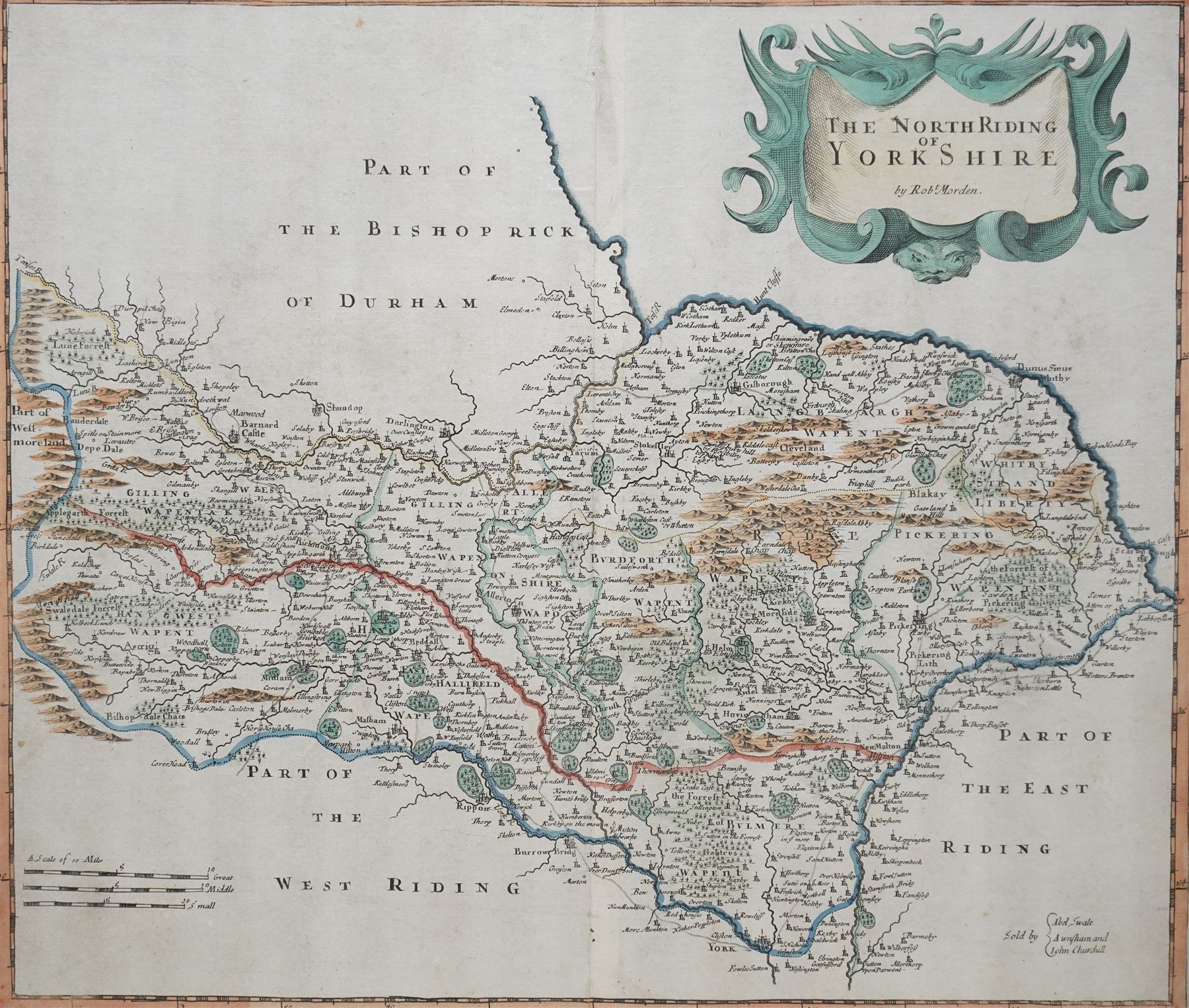 Robert Morden (British c.1650-1703): 'The North Riding of Yorkshire', 18th/19th century engraved map with hand-colouring 38cm x 43cm