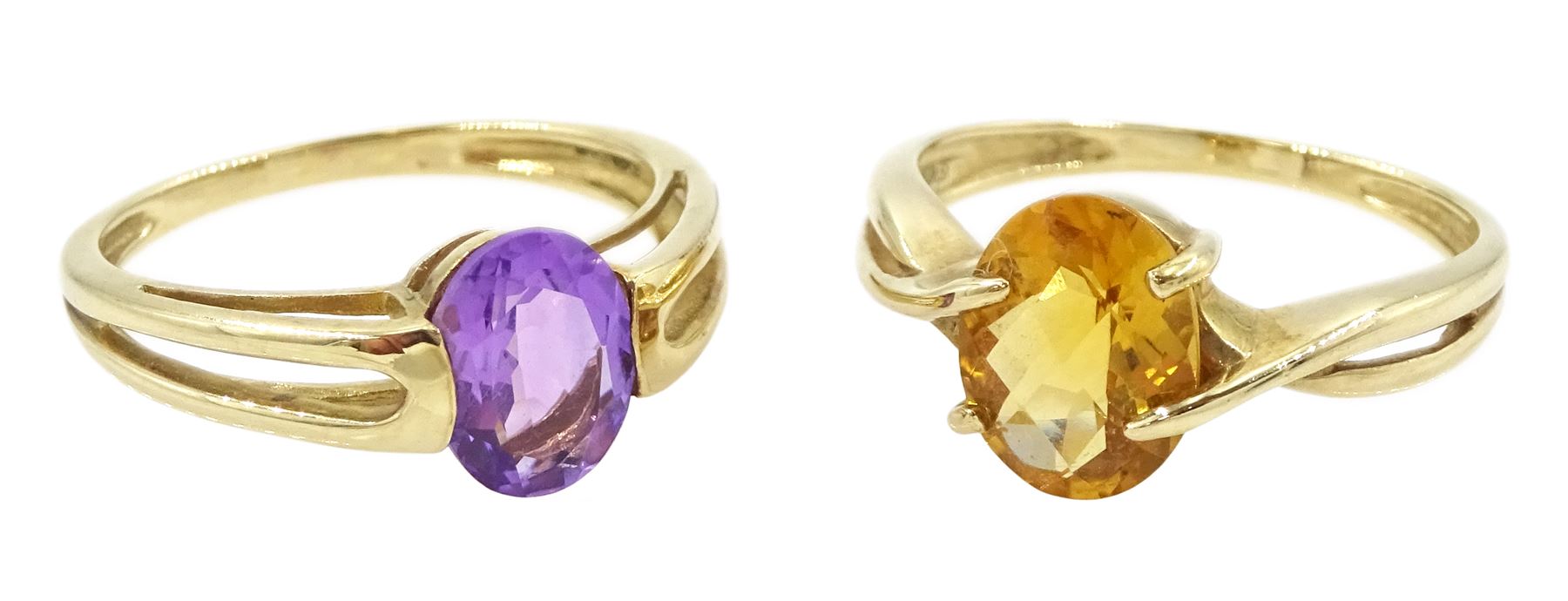 Gold single stone citrine ring and a gold single stone amethyst ring, both hallmarked 9ct