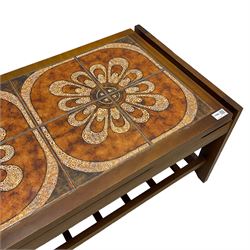 Mid-20th century teak coffee table, rectangular top with inset tiled surface over slatted undertier