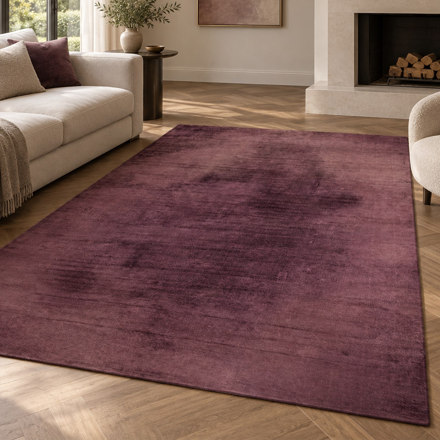Jacaranda - 'Satara' damson coloured low pile hand woven rug, tencel yarn with cotton backing 