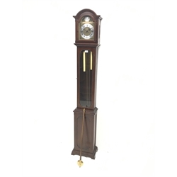 Late 20th century mahogany long case clock, twin weight driven movement striking the hours and half on rods, H184cm