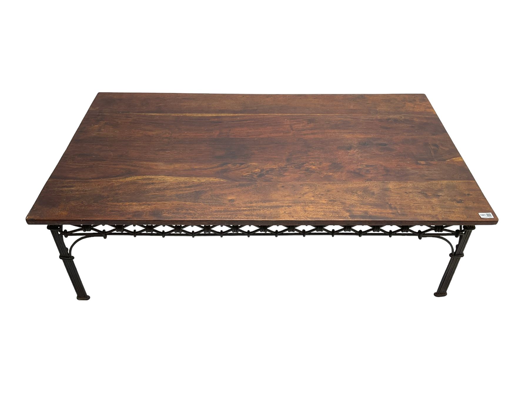 Laura Ashley - mango wood and wrought iron coffee table, the rectangular top over a pierced wrought iron frieze in repeating lozenge pattern