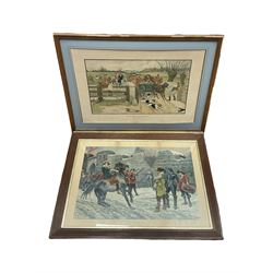 After Sir Joshua Reynolds (British 1723-1792): 'Lord Henry and Lady Charlotte Spencer', engraving with hand colouring pub. 1790; After Heywood Hardy (British 1843-1933): 'In the Lap of Luxury', engraving; After John Watson Nicol (British 1856-1926): 'An Immediate Settlement will Oblige', engraving; after Charles Staniland (British 1838-1916): 'Saved at Last', engraving; After Gaton Woodville: 'In the Nick of Time', colour print; after Victor Venner: 'The Mowbray Hunt Checked', colour print together with pair colour prints after Fred Elwell, a Chinese print, a mirror, further pictures etc, max 45cm x 68cm