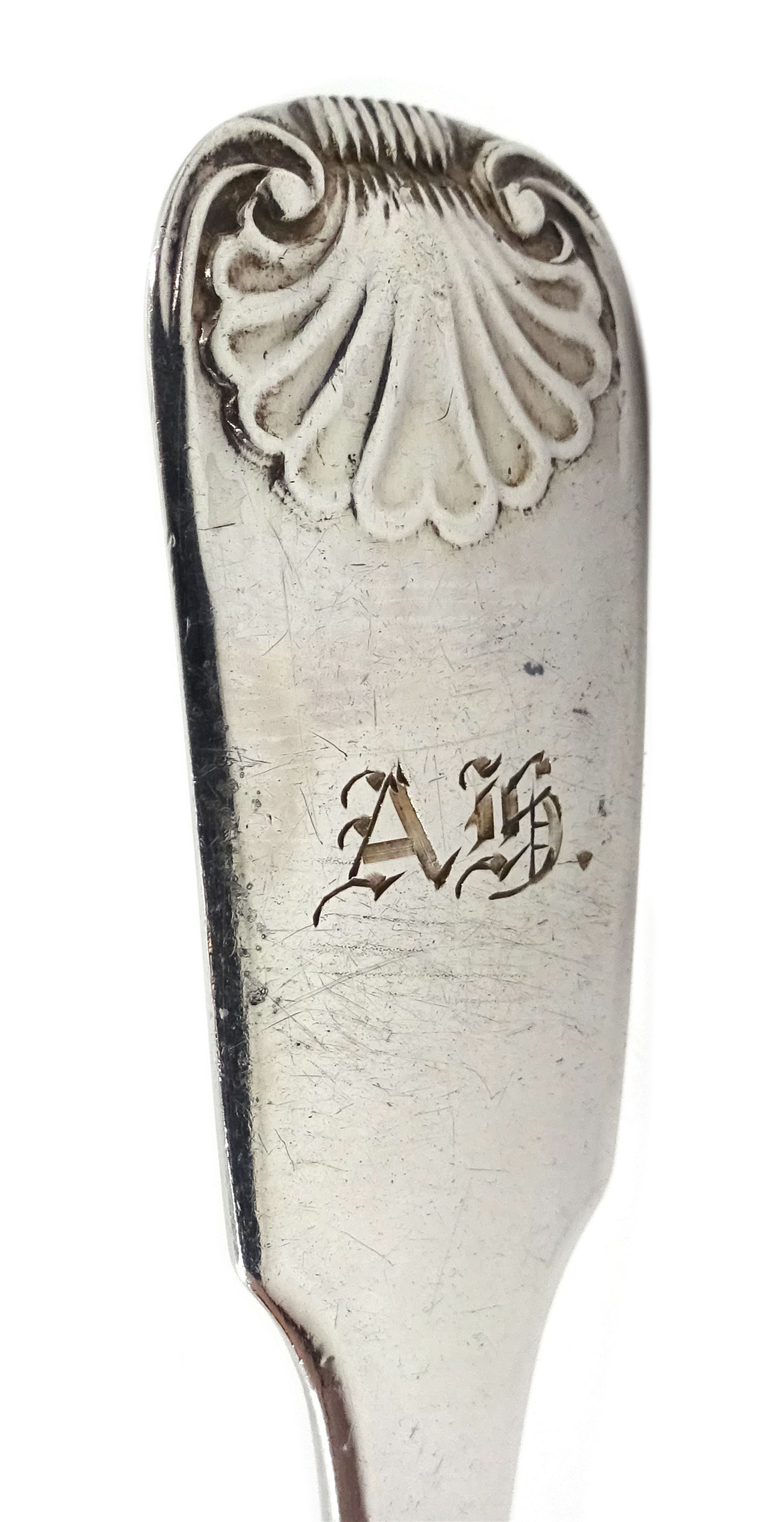 Set of six George IV provincial silver teaspoons, Fiddle pattern with cast scallop shell terminals by Edward Jackson, York 1821, approx 5.4oz