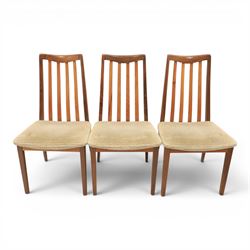 G-Plan - mid-20th century teak 'Fresco' circular extending dining table and six chairs, circular top with storable fold-over leaf extending to 166cm