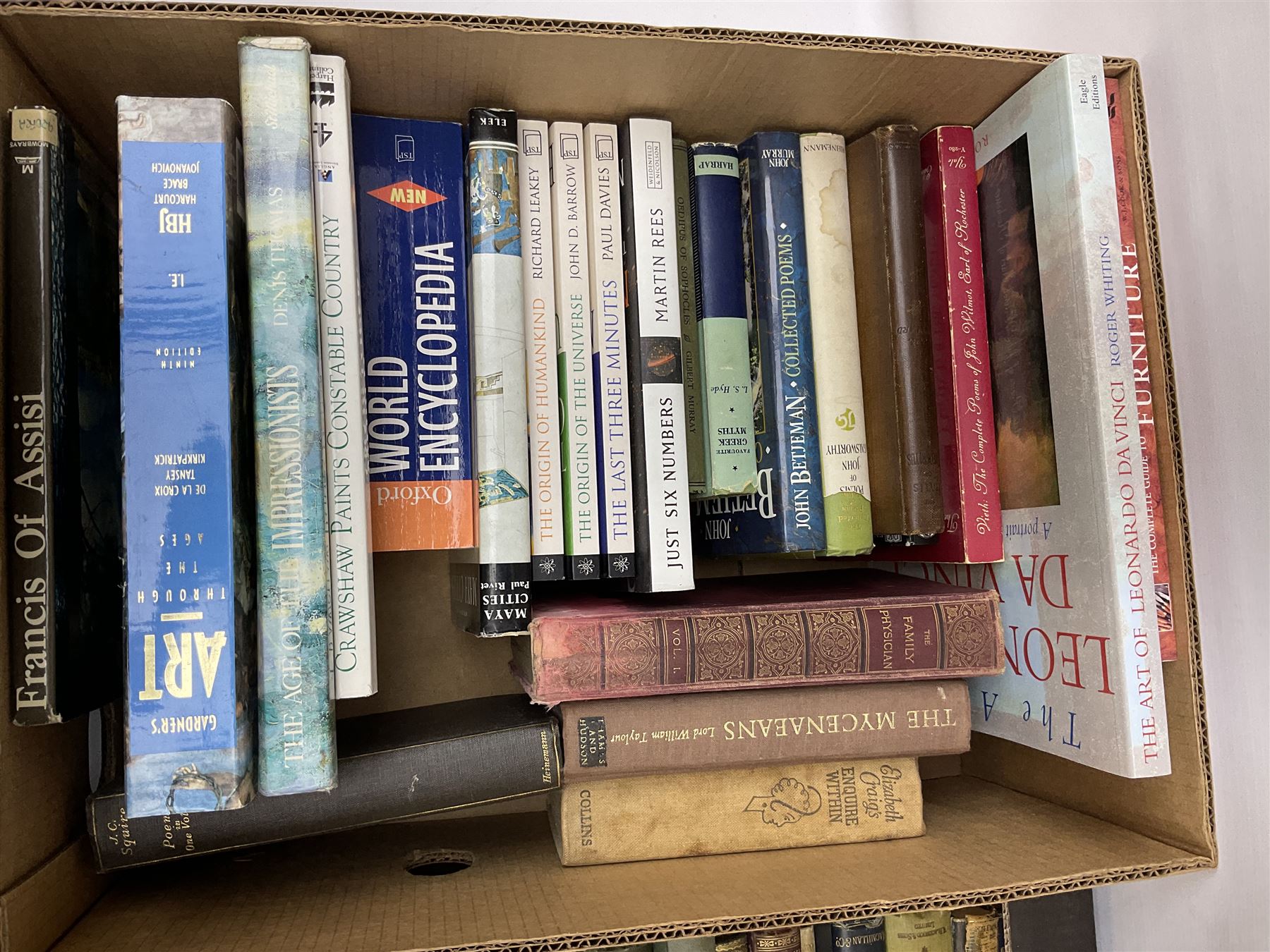 Collection of books to include Readers Digest Great World Atlas, the Macmillan Encyclopedia, poetry books, art reference books etc, in four boxes    