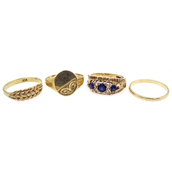  Three 9ct gold rings and one other blue stone set ring   