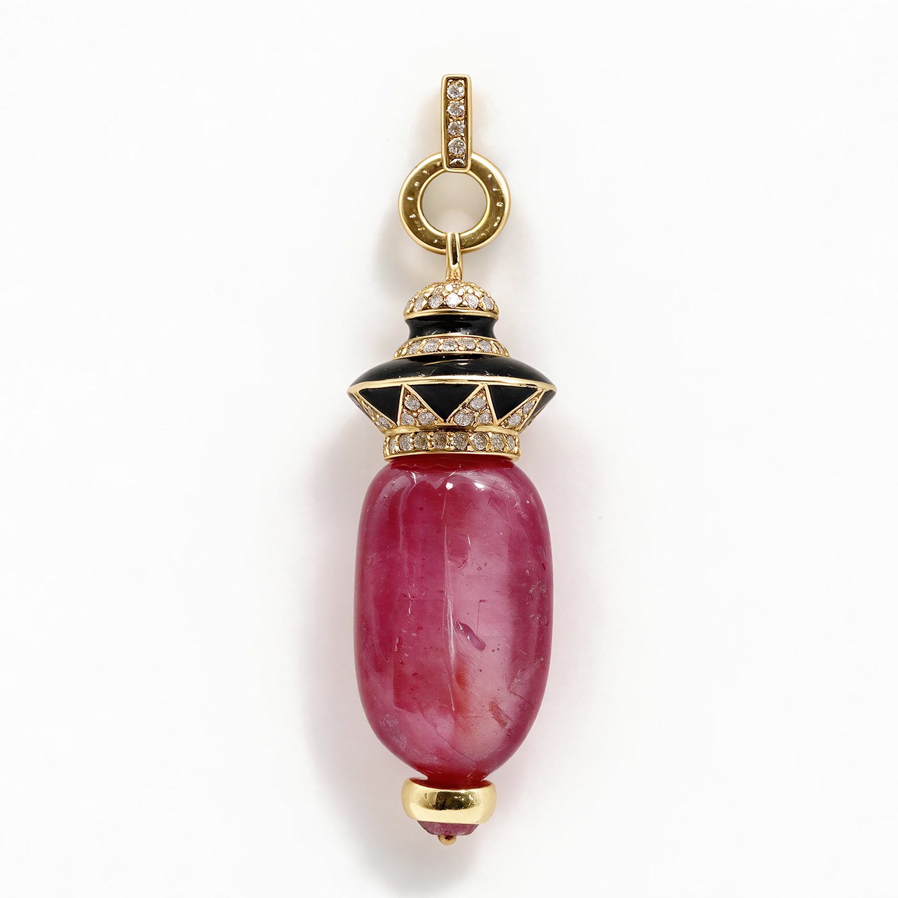 18ct gold ruby diamond and black enamel pedant, set with a single cabochon cut ruby, suspending from a diamond and enamel pendant and a diamond set bail