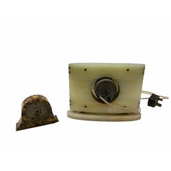 Smiths Industries SEC mains electric driven mantle clock in a rectangular Art Deco alabaster case inlaid with contrasting horizontal malachite inlay to the front, 4-1/2” square dial with brass roman numerals at 12, 3 , 6 and 9 and baton hands, with a square brass bezel and flat glass. Wiring untested, sold as a decorative item.
H 19 cm W 25 cm D 7 cm
With a small eight-day table clock in a faux tortoise shell case on a silver-plated base, 2” white dial with Arabic numerals and minute markers, steel spade hands, balance wheel movement with integral winding key. 
H 9.5 cm W 12 cm D 4 cm
