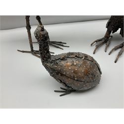 Three metalwork figures of bird, to include owl, a heron etc, largest H45cm