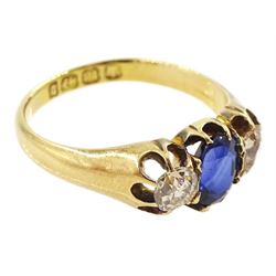 Victorian 18ct gold three stone oval cut sapphire and old cut diamond ring, Birmingham 1895, sapphire approx 0.90 carat, total diamond weight approx 0.55 carat