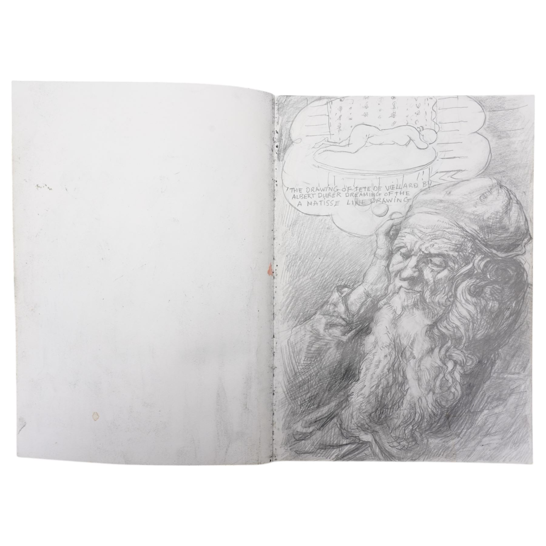 John Gilbey Bowles (British 1929-2011): Artist's Sketchbook - Surreal Art History Conversations, sketchbook containing thirty-four pages of pencil pastel and mixed media sketches of an art historical theme with interactions between famous paintings by different hands, most signed and dated 2008
Notes: examples include Edvard Munch's 'The Scream' reacting to a drawing by LS Lowry of street fighting; Albrecht Durer's drawing of a man dreaming of the Matisse line drawing; Hieronymus Bosch's 'The Last Judgment (detail) overseeing 'the Bacchanale Anglais' by Thomas Rowlandson; Toad of Toad Hall from the Wind in the Willows singing the praises of Henry VIII by Hans Holbein; a drawing by Leonardo Da Vinci admiring the humour in the drawing by LS Lowry; a Henry Moore drawing dreaming of a Thomas Rowlandson composition etc.