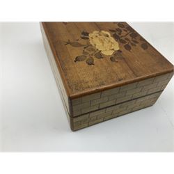 Japanese parquetry puzzle box L12cm; another Japanese puzzle box with marquetry top of Mount Fuji; eleven graduated Chinese figures including immortals; and Chinese figure of a lady standing on a hardwood base next to a horn table (14)