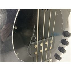 Music Man Bongo 4 string bass guitar, in sapphire black finish, serial no F42547, in black Music Man hard case, guitar L113cm