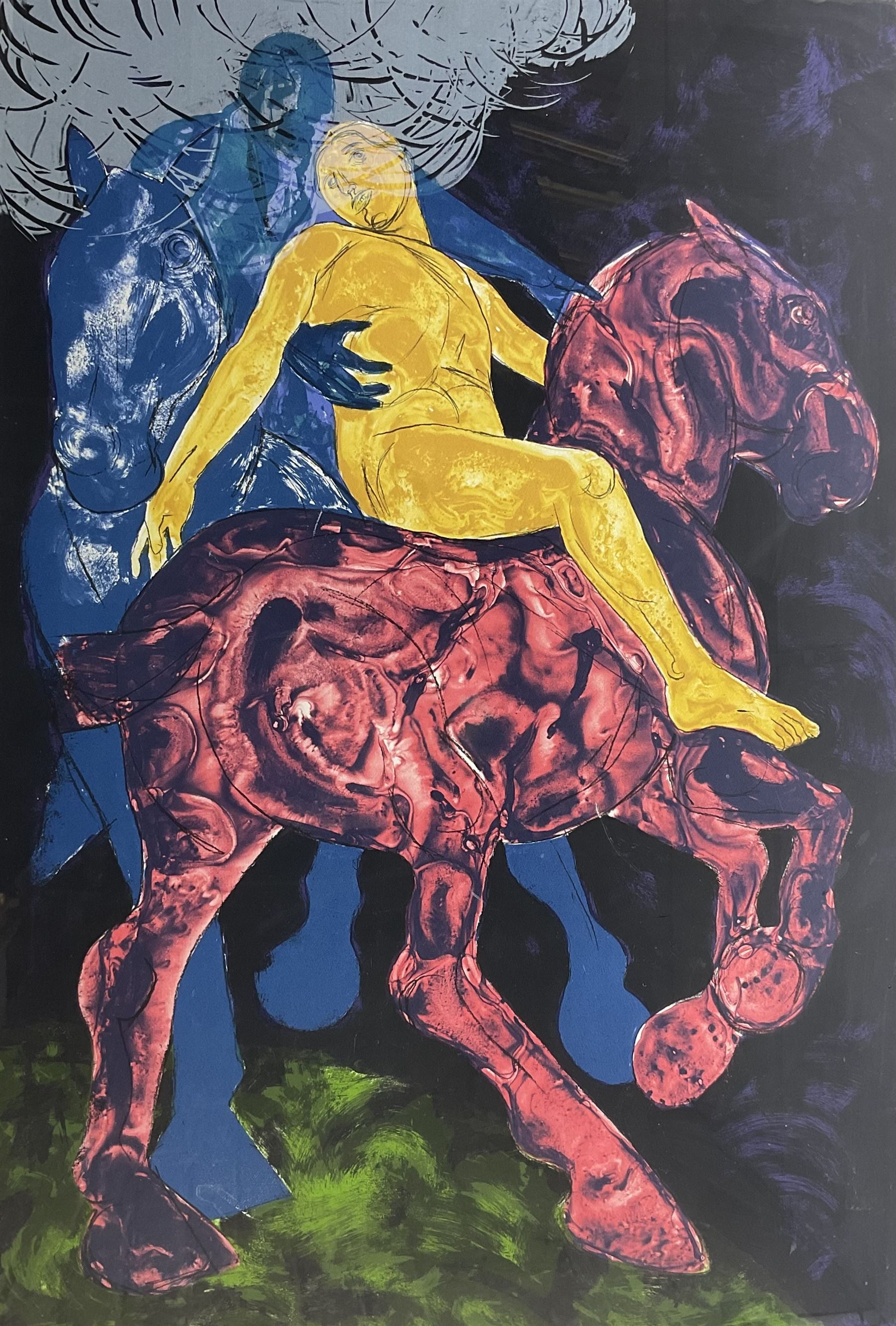 Lin Jammet (British 1958-2017): 'The Fall of Desaix', screenprint signed dated '97 and inscribed 'GSL I' (Gresham Studio Ltd) in pencil with Gamma blindstamp 115cm x 79cm 
Notes: Jammet was the son of artist Dame Elisabeth Frink (1930-1993) and French architect Michel Jammet (1921-1972). He first started printmaking during the 1970s with family friend Julian Trevelyan (1910-1988), and went on to produce prints with Curwen Chilford and Gresham Studio.