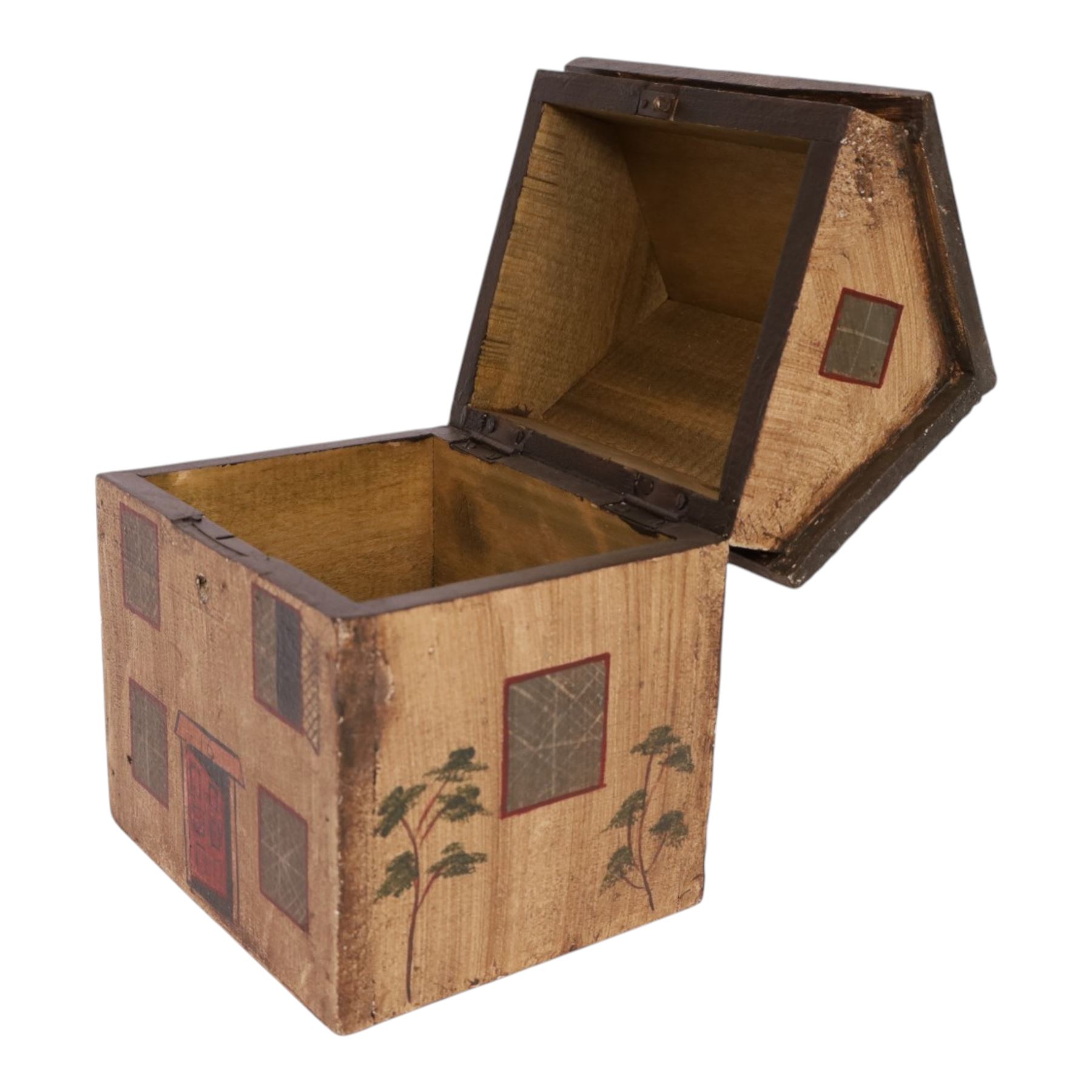 Wooden box in the form of a house, with hand painted details, H23cm