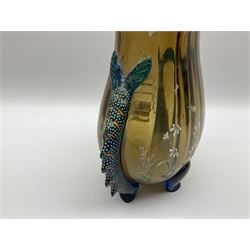 Pair of 19th century glass vases in the style of Auguste Jean, of bulbous form with lobed rim and applied blue glass zoomorphic handles, painted with enamel flowers, dragonflies and swans, upon four blue glass feet, H26cm