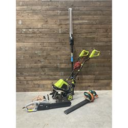 GardenGear electric tiller, MacAllister hedge trimmer, Titan electric chainsaw, and a hedge trimmer