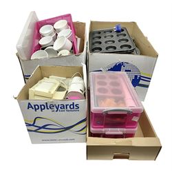 Large collection of kitchen and baking equipment, including cutlery, baking trays, ramakins, utensils, etc, in three boxes 