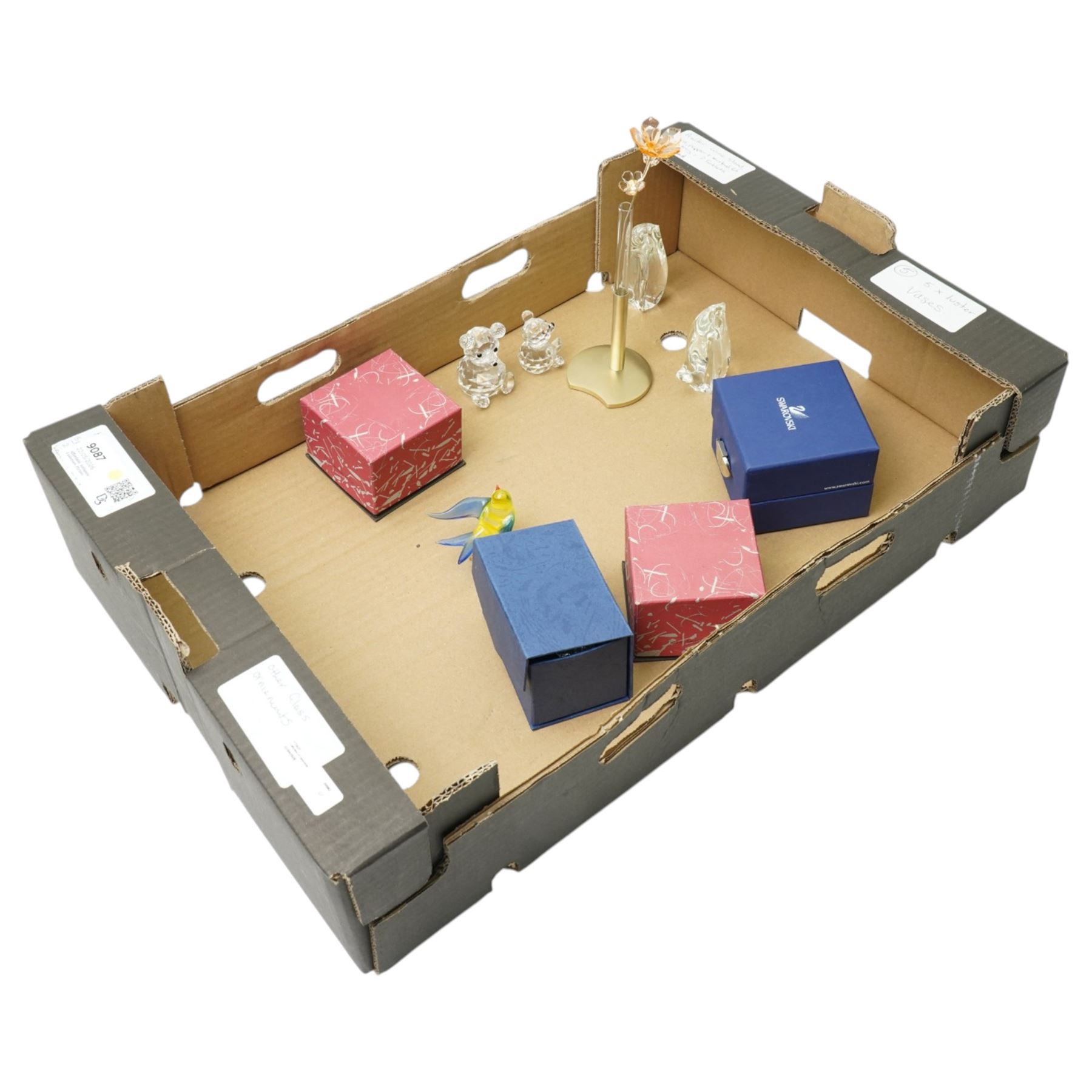  Swarovski glass and metal spray of flowers, two Swarovski bears, Hadeland glass bear and other glass ornaments