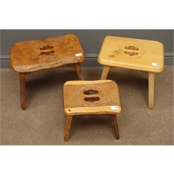  Three rustic hard wood stools, solid end supports  