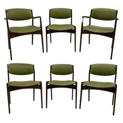 Set of six (4+2) mid-20th century teak dining chairs upholstered in green vinyl