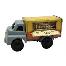 Wells Brimtoy/Pocketoy - seven tin-plate and plastic clockwork or friction-drive  vehicles comprising Milk Tanker, Greenline Coach, Liquid Oxygen Wagon, Side-Tipping Wagon, Snacks Van with drop-down counter, London Trolley Bus and covered wagon; all unboxed (7)