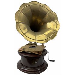 His Master's Voice table top wind up gramophone on a circular wooden base, with brass horn, H72cm, Horn D43cm. 