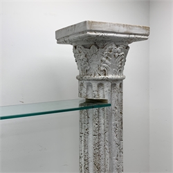 Architectural four shelf glass shelving unit supported by two Corinthian columns, W205cm, H179cm, D30cm