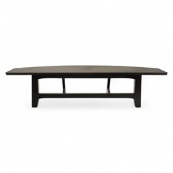 Contemporary black ash finish engineered wood hall table, with bow front top raised on a trestle style base 