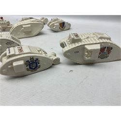 Twelve crested china models of WW1 tanks by Grafton, Arcadian and Carlton china etc with crests from Caistor Lincs, Saffron Walden, Paignton, Evesham etc  , together with a crested china model of the R.M.S Lusitania with New Brighton crest and a two-handled vase for 'The Forts Boxhill' (14)